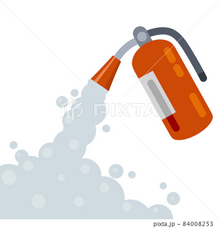 Extinguisher. Fireman tool. Red cylinder. Flat cartoon illustration. Smoke and foam. 84008253
