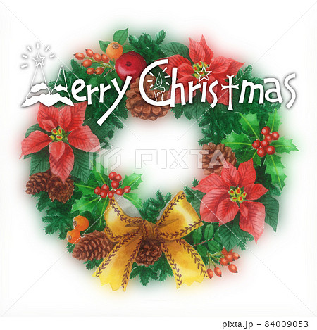 アナログ水彩ポインセチアともみの木のクリスマスリースと手描き アナログ水彩ポインセチアともみの木のクリスマスリースと手描き