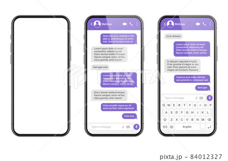 Realistic smartphone with messaging app. SMS text frame. Conversation chat screen with violet 84012327