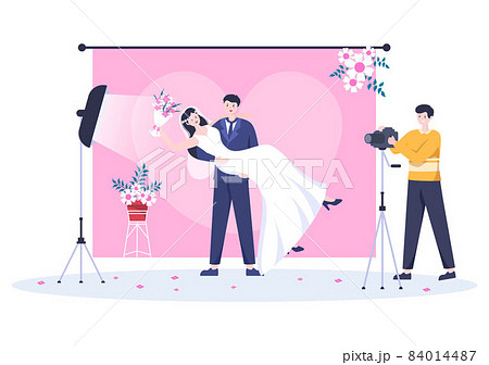 Wedding Studio Photo Flat Design. Photographer Shooting Model Man and Women with a Wedding Theme or Bridal Couple use Camera in Cartoon Style Vector Illustration Wedding Studio Photo Flat Design. Photographer Shooting Model Man and Women with a Wedding Theme or Bridal Couple use Camera in Cartoon Style Vector Illustration 84014487