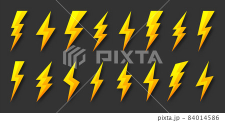 Yellow lightning bolt icons collection. Flash symbol, thunderbolt. Simple lightning strike sign Yellow lightning bolt icons collection. Flash symbol, thunderbolt. Simple lightning strike sign 84014586