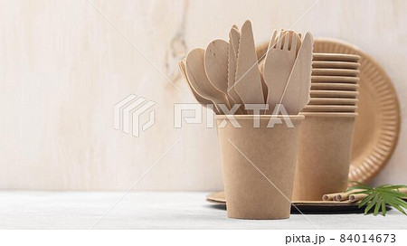 eco friendly disposable tableware cardboard front view. High quality beautiful photo concept 84014673
