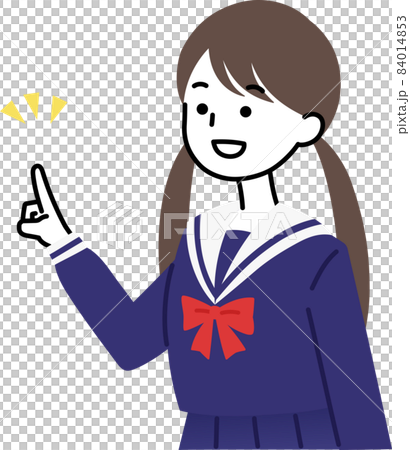 女子学生　指差しポーズ　笑顔　左向き 84014853