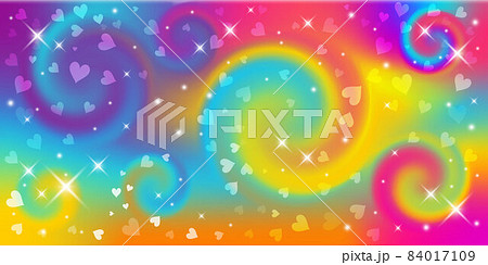 Fantasy background. Holographic illustration in pastel colors. Cute cartoon girly background. Bright multicolored sky with stars and hearts. Vector. 84017109