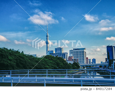 本村橋から猿江恩賜公園を挟んでスカイツリー方面を臨む 84017284