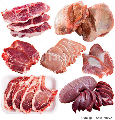 Assorted types of raw pork meat isolated 84019652