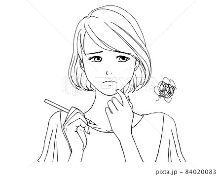 鉛筆を持つ困り顔の夏服の女性2 線画 のイラスト素材 8400