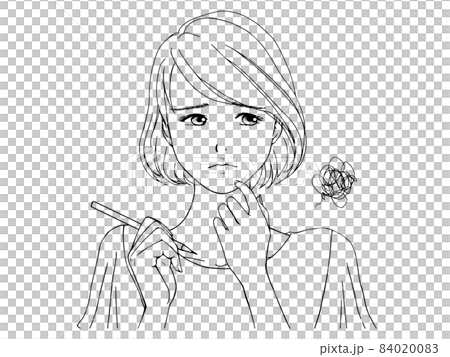 用鉛筆2（線描）的煩惱臉夏裝女 84020083