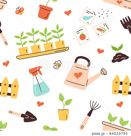 Seamless pattern with seeds and seedlings. Germination of sprouts. Tools and pots for planting. Spring sowing works. Vector illustration on white background Seamless pattern with seeds and seedlings. Germination of sprouts. Tools and pots for planting. Spring sowing works. Vector illustration on white background 84020795
