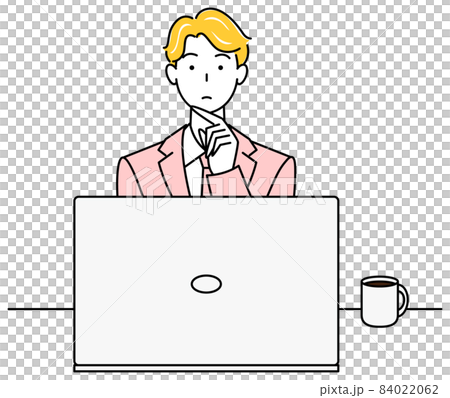 Cute male illustration vector in a suit thinking about sitting in front of a computer 84022062