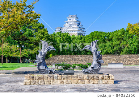 兵庫県姫路市　城見台公園に置かれたしゃちほこのレプリカと快晴の国宝姫路城 84022350