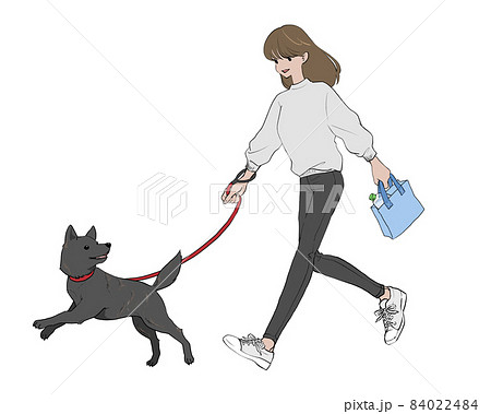 犬の散歩をする女性 甲斐犬のイラスト素材
