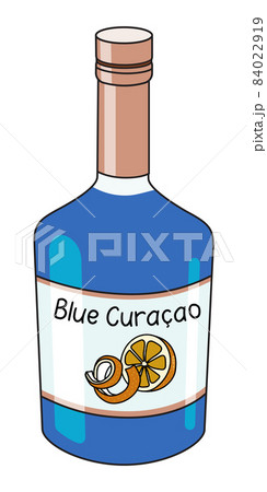 Blue Curacao Orange Liquor in a bottle. Doodle cartoon hipster style vector illustration isolated on white background. Good for party card, posters, bar menu or alcohol cook book recipe 84022919