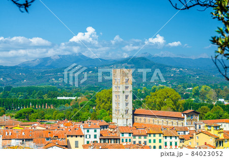 Aerial top panoramic view of historical centre medieval town Lucca 84023052