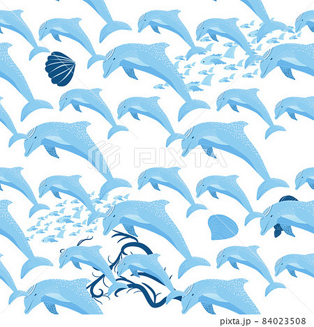 Dolphin, sea inhabitants seamless pattern, beautiful character among seashells, algae, starfish, marine wildlife. 84023508