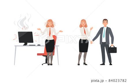 Woman Office Employee Character Wearing Suit and Red Tie Having Destroyed Computer and Shaking Hand Vector Set 84023782
