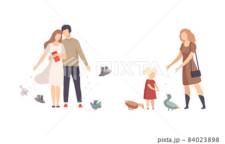 People Character Feeding Birds with Crumbs Walking in the Park Vector Set 84023898