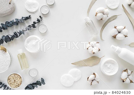 flat lay natural cosmetics with cleaning disks. High quality beautiful photo concept 84024630