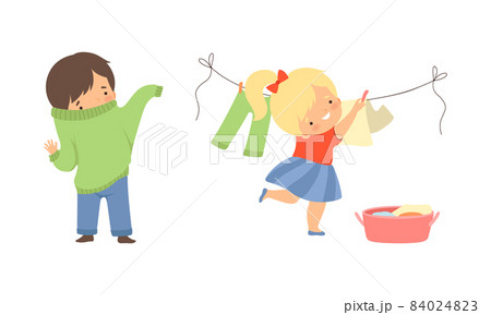 Adorable Kids Hanging Clothes on Rope and Changing Clothes Putting On Sweater Vector Set 84024823