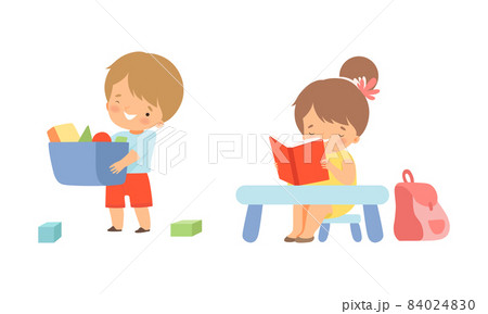 Adorable Kids Reading Book at Table and Carrying Box with Toys Vector Set 84024830