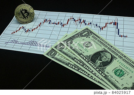 【為替・FX・株・ドル円・ビットコインなどに関する記事のサムネイルに】一ドル札三枚とチャート 84025917