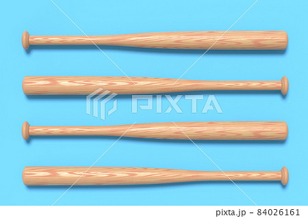Set of wooden professional softball or baseball bat on blue background. 3d rendering of sport accessories for team playing games 84026161