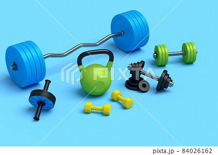 Isometric view of sport equipment like kettlebell, dumbbell, barbell and AB roller on blue background. 3d render of power lifting and fitness concept Isometric view of sport equipment like kettlebell, dumbbell, barbell and AB roller on blue background. 3d render of power lifting and fitness concept 84026162