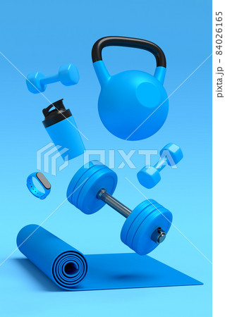 Isometric view of sport equipment like yoga mat, dumbbell and smart watches on blue background. 3d render of power lifting and fitness concept 84026165
