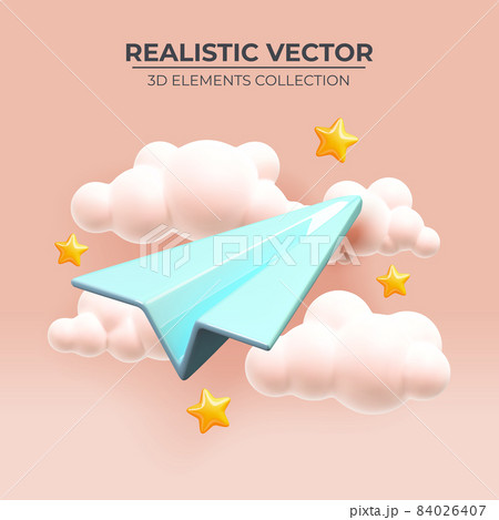 Paper plane in pink sky. Realistic 3d design. Paper plane in pink sky. Realistic 3d design. 84026407