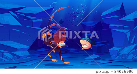 Woman scuba diver and shark under water in sea 84026996