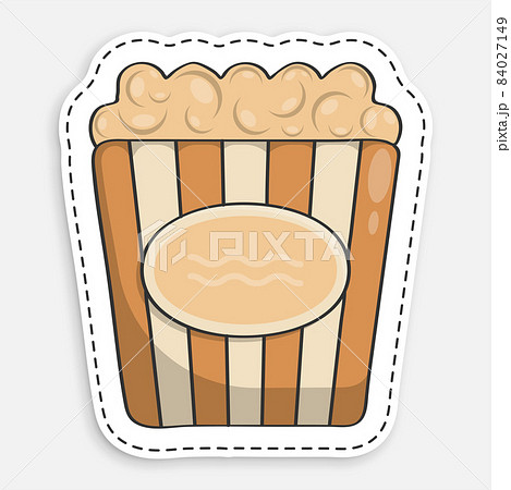 cartoon icon of doodle Packet of popcorn, bucket of airy dessert. Leisure at cinema. Vector isolated on white background 84027149