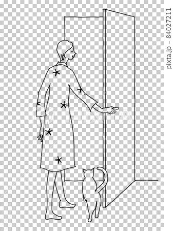 ペットの猫にドアを開けてあげる女性　モノクロ線画 84027211
