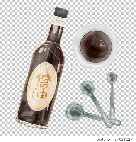 醤油と計量スプーンの手描き水彩風イラスト 醤油と計量スプーンの手描き水彩風イラスト 84028127