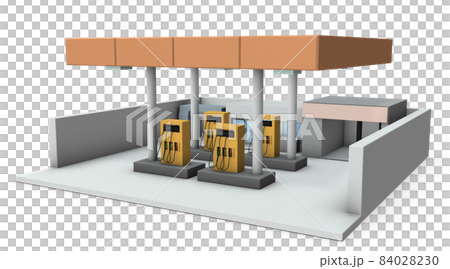 ガソリンスタンドのミニチュアモデル。防火壁で囲まれた給油施設の外観。白バック。3Dレンダリング。 84028230