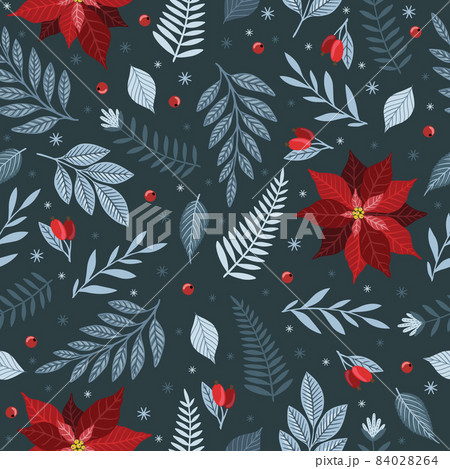 Christmas seamless pattern. Pine twigs, red berries, snowflakes. Season greeting digital paper. Winter Xmas holidays 84028264