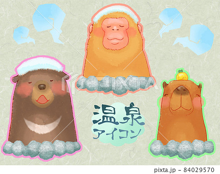 温泉に入る日本猿とツキノワグマとカピバラのアイコンセットのイラスト素材