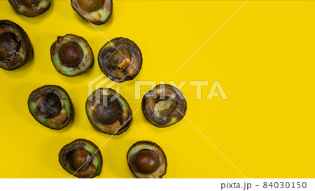 Bad many Avocado on Yellow Background. Food Fruits cannot be eaten. Overripe avocado fruit cuts in halfs. Stop wasting food. Unhelthy bad food Concept. Copy Space. 84030150