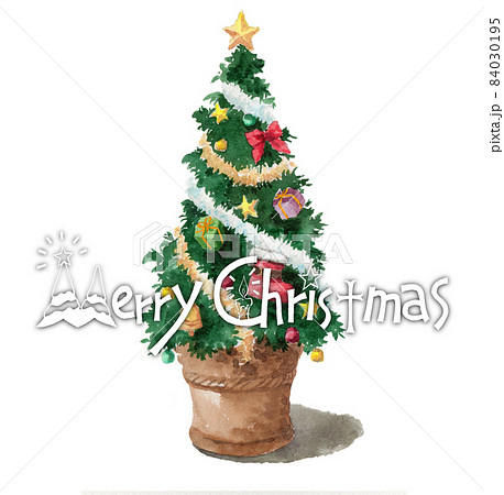 アナログ水彩クリスマスツリーとメリークリスマスの絵文字のイラスト素材