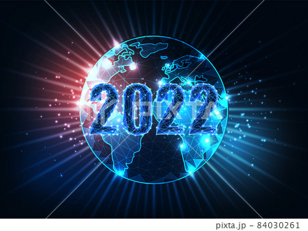 Abstract 2022 happy New Year to the world concept banner with globe map on dark blue 84030261