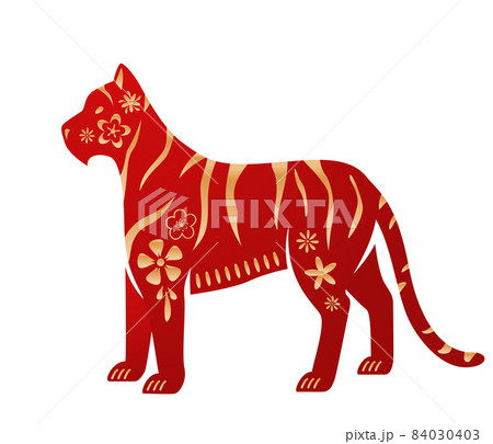 Red gold Tiger with stripes, flowers, design elements for happy chinese new year greeting celebration. Isolated on white. Vector illustration 84030403