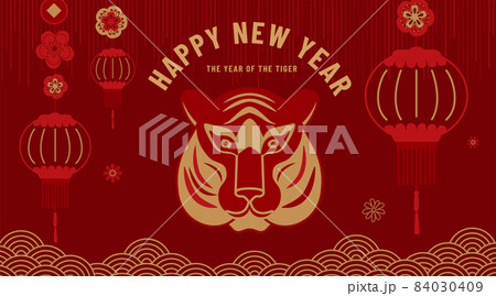Happy Chinese new year 2022 vector background. Greeting banner with big tiger gold face, zodiac animal symbol, lantern, cloud, flowers, texture effect on dark red backdrop in simple flat line style Happy Chinese new year 2022 vector background. Greeting banner with big tiger gold face, zodiac animal symbol, lantern, cloud, flowers, texture effect on dark red backdrop in simple flat line style 84030409