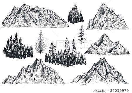 Vector set of hand drawn graphic mountain ranges and pine forest. Vector set of hand drawn graphic mountain ranges and pine forest. 84030970