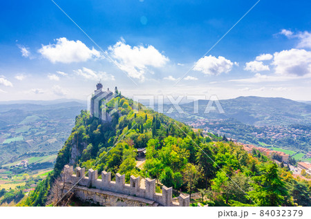 Republic San Marino Seconda Torre La Cesta second fortress tower with brick walls on Mount Titano stone rock 84032379