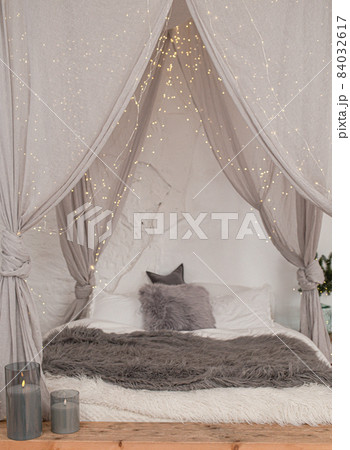 Christmas stylish morning bedroom with fir tree 84032617