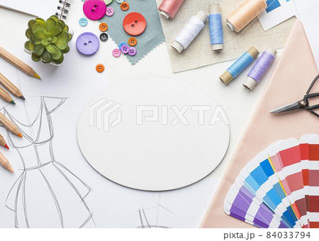 flat lay tailoring set with fabric samples thread. High quality beautiful photo concept flat lay tailoring set with fabric samples thread. High quality beautiful photo concept 84033794