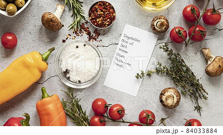 flat lay food ingredients with vegetables 2. High quality beautiful photo concept 84033884