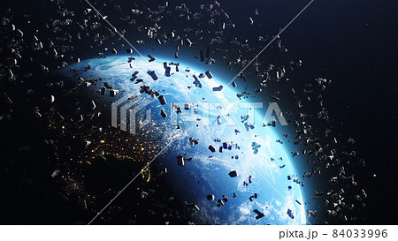 3D Render of space debris around planet Earth 84033996