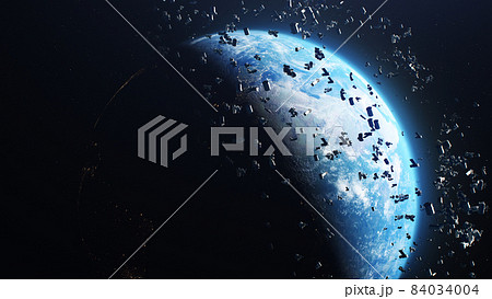 3D Render of garbage in planet Earth orbit 84034004