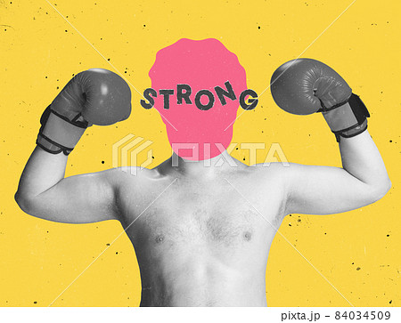 Contemporary artwork. Conceptual portrait of faceless man with word strong instead face. Human emotions, psychology, mental health concept. 84034509