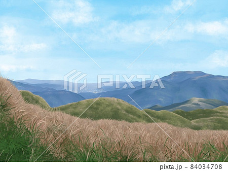 Yangmingshan national park, a digital painting of landscape of silver grass over the mountain with cloudy sky in Taipei, Taiwan raster 3D illustration anime background. 84034708